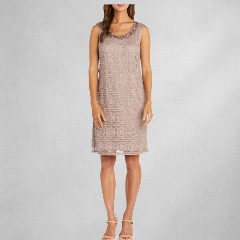 R&M Richards Champagne Beaded Lace Sheath Dress Size 12 Formal Party NWT